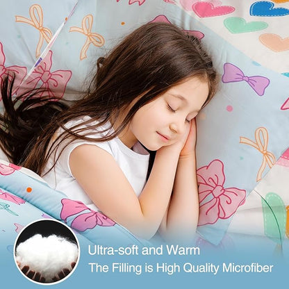 A Nice Night Full Size Bed in A Bag Bow Comforter Set for Kids,Quilt Bedding Set with Bowknot & Chic Polka Dot Pattern,Blue Background Room Decor for Girls