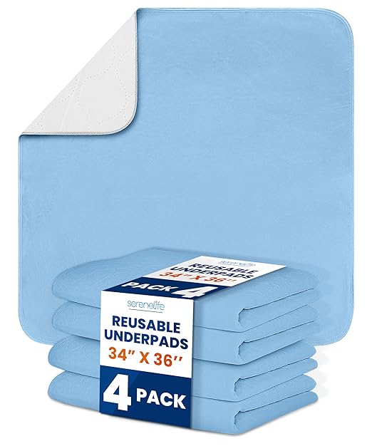 Serenelife Reusable Underpads 4-Pack Blue Incontinence Bed Pads 34 x 36 IN | For Adults, Kids & Pets | Super Absorbent & Leak-Resistant | Soft Top Layer For All Skin Types | Washable & Reusable | Blue
