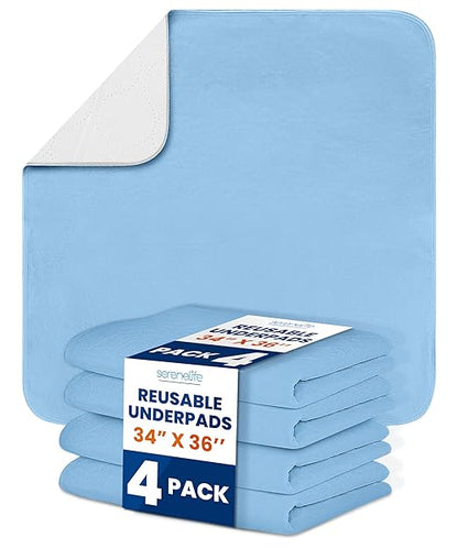 Serenelife Reusable Underpads 4-Pack Blue Incontinence Bed Pads 34 x 36 IN | For Adults, Kids & Pets | Super Absorbent & Leak-Resistant | Soft Top Layer For All Skin Types | Washable & Reusable | Blue