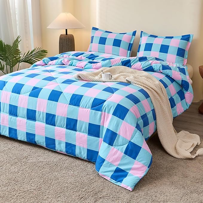 Caressma Blue Pink Checkered Comforter Set, Colorful Twin Size Plaid Comforter Bedding Set, Soft Grid Gingham Comforter Home Decor for All Seasons