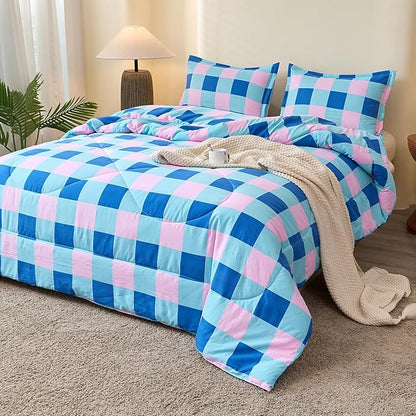 Caressma Blue Pink Checkered Comforter Set, Colorful Twin Size Plaid Comforter Bedding Set, Soft Grid Gingham Comforter Home Decor for All Seasons