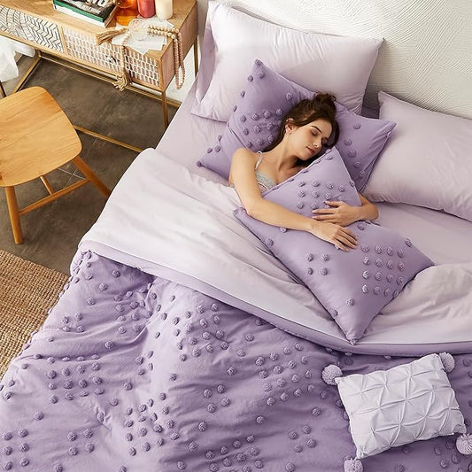 Geniospin Purple Twin Comforter Set for Girls- 5 Pieces Pom Tufted Bed in A Bag Twin Bedding Sets with Sheets, Pillowcases & Shams, All Season Kids Comforter Set