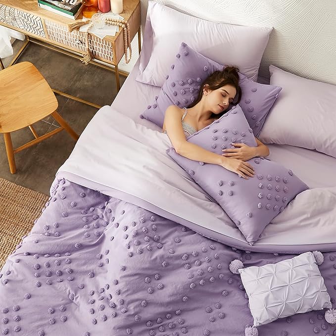 Geniospin Purple Full Comforter Set for Girls- 7 Pieces Pom Tufted Bed in A Bag Full Bedding Sets with Sheets, Pillowcases & Shams, All Season Kids Comforter Set