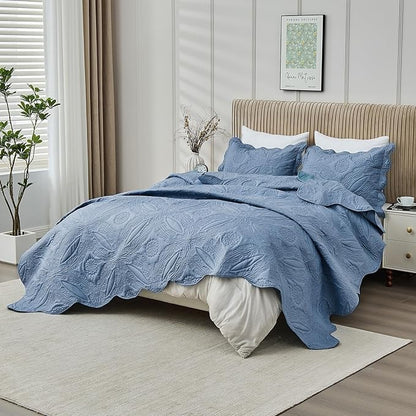 Oversized Cal King Bedspreads 120x120 for Extra Tall Split California King Bed Lightweight Quilted Coverlet Set 3 Pieces 1 Quilt 2 Pillow Shams Faded Denim