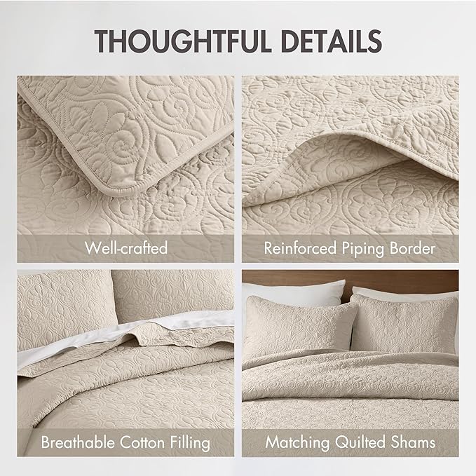Madison Park Quebec Queen Size Quilt Bedding Set - Ivory , Damask – 3 Piece Bedding Quilt Coverlets – Ultra Soft Microfiber Bed Quilts Quilted Coverlet
