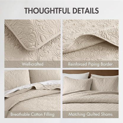 Madison Park Quebec Full Size Quilt Bedding Set - Ivory , Damask – 3 Piece Bedding Quilt Coverlets – Ultra Soft Microfiber Bed Quilts Quilted Coverlet