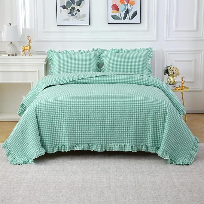 Spa Blue White Ruffle Gingham Quilt Set Queen Size with 2 Pillow Shams, 100% Washed Cotton Yarn-Dyed Quited Bedspread Farmhouse Bedding Set (Spa Blue, Queen) | Ruffle, gingham sheets