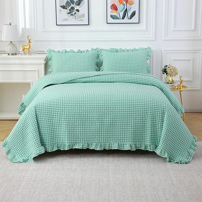 Spa Blue White Ruffle Gingham Quilt Set Queen Size with 2 Pillow Shams, 100% Washed Cotton Yarn-Dyed Quited Bedspread Farmhouse Bedding Set (Spa Blue, Queen) | Ruffle, gingham sheets