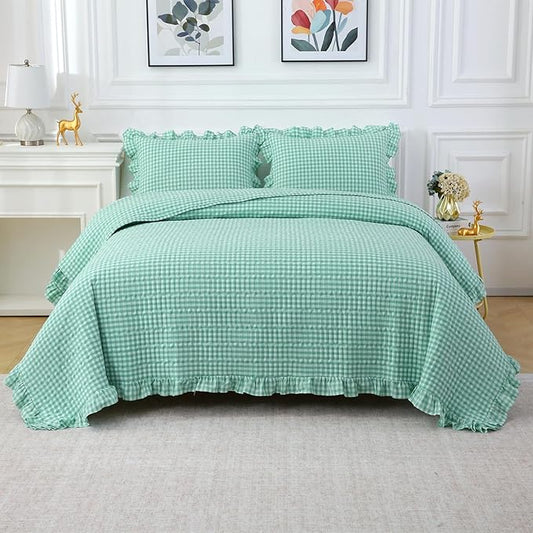 Spa Blue White Ruffle Gingham Quilt Set Queen Size with 2 Pillow Shams, 100% Washed Cotton Yarn-Dyed Quited Bedspread Farmhouse Bedding Set (Spa Blue, Queen) | Ruffle, gingham sheets