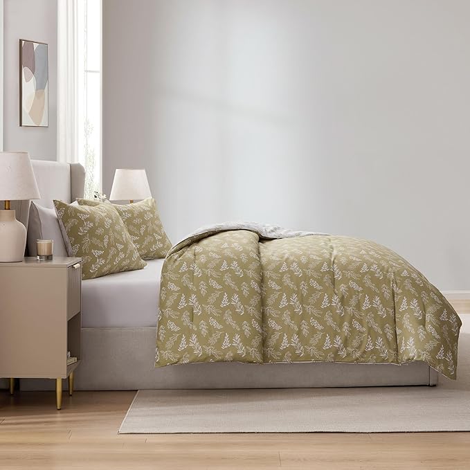 Nestl King Size Comforter Set - Olive Green Bed in a Bag King Size, 3 Pieces Reversible Bed Set, Soft Floral Bedding Set, All Season Botanical Comforters with Pillow Shams