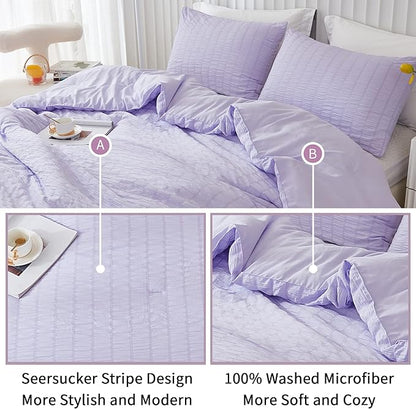 AveLom Lavender Purple Seersucker Twin/Twin XL Comforter Set (68x90 inches), 2 Pieces-100% Soft Washed Microfiber Lightweight Comforter with 1 Pillowcase, All Season Down Alternative Bedding Set