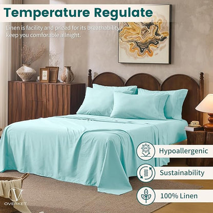 100% Linen Sheets King Size,Breathable & Durable 4-Piece Bed Flax Sheet Set,Soft All-Season Bedding for Hot Sleepers 16" Deep Pocket Oeko-TEX Certified,（King, Light Blue）