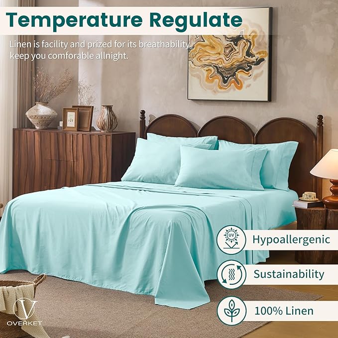 100% Linen Sheets Queen Size,Breathable & Durable 4-Piece Bed Flax Sheet Set,Soft All-Season Bedding for Hot Sleepers 16" Deep Pocket Oeko-TEX Certified,（Queen, Light Blue）