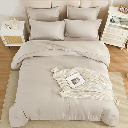 Litanika Comforter Full Size Set Tannish Grey - 7 Pieces Bed in a Bag Full Bedding Comforter Sets, Plain Lightweight Bed Set with Comforter, Sheets, Pillowcases & Shams