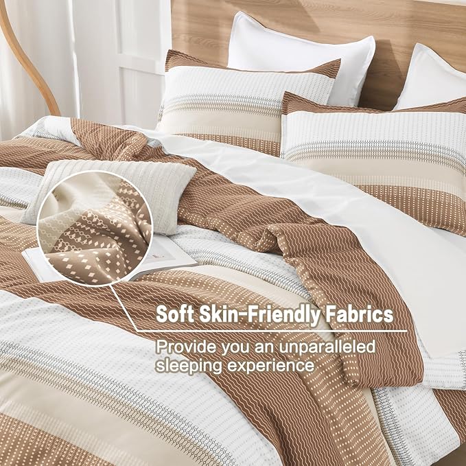 Litanika Full Size Comforter Sets Beige, 3 Pieces Lightweight Taupe Khaki White Colorblock Stripe Fluffy Bedding Comforter Sets, All Season Bed Set