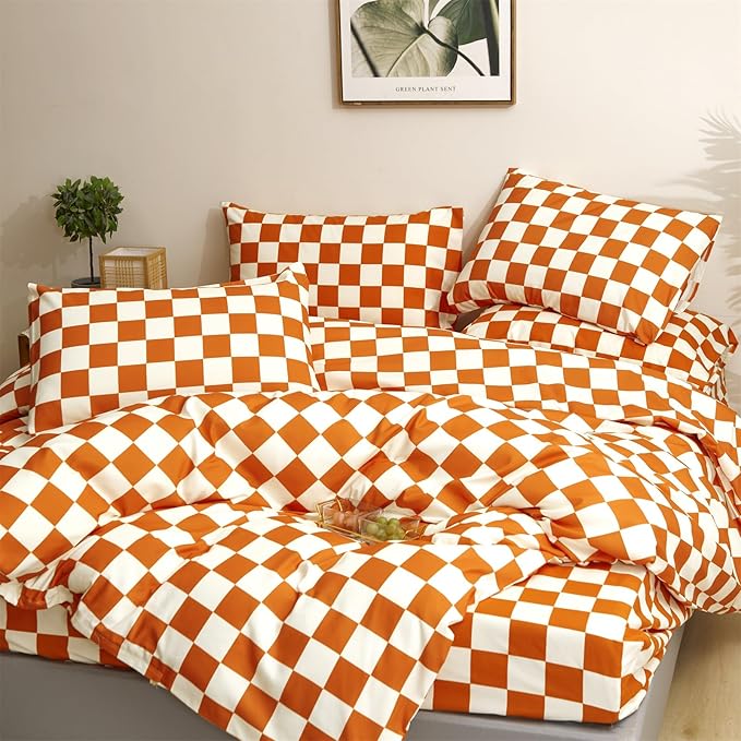 CLOTHKNOW Orange Beige Plaid Twin Comforter Set Grid Bedding Comforter Sets Soft All Checker Comforter with 2 x Pillow Cases