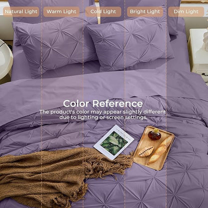 Sasttie Queen Comforter Set, 7-Piece Bed in a Bag, Pintuck Bedding Sets for All Season, Includes Comforter, Flat Sheet, Fitted Sheet, Pillowcases and Pillowshams, New Purple