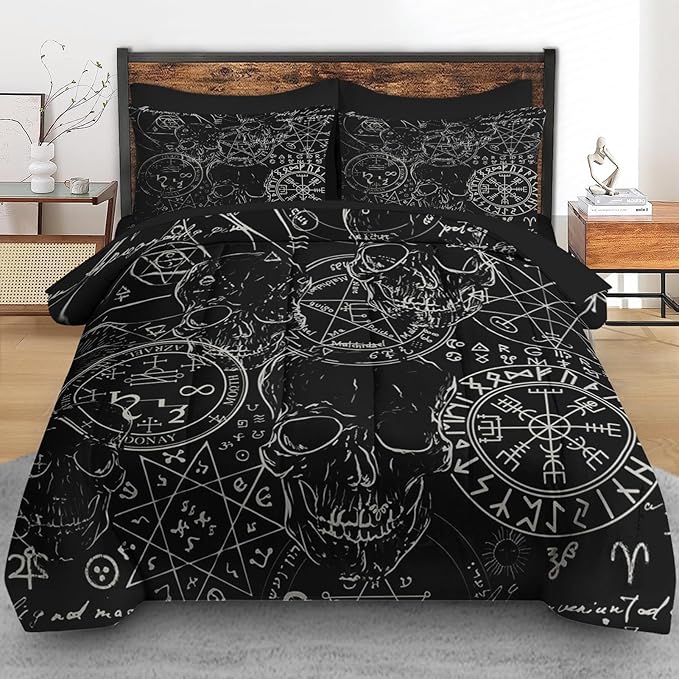 Comforter Set Queen Size, Pentagram Retro 7 Pcs Bedding for Kids and Adults, Halloween Vintage Bed Sheet Sets with Fitted Sheet 2 Pillowcases & 2 Shams for Bedroom Bed Decor