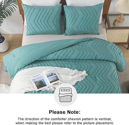 Andency Grayish Teal Comforter Set Queen Size, Boho Soft Warm Tufted Bedding Comforter Sets for Queen Size Bed, 3 Pieces Aesthetic Chevron Farmhouse Cute Bohemian Textured Bed Set