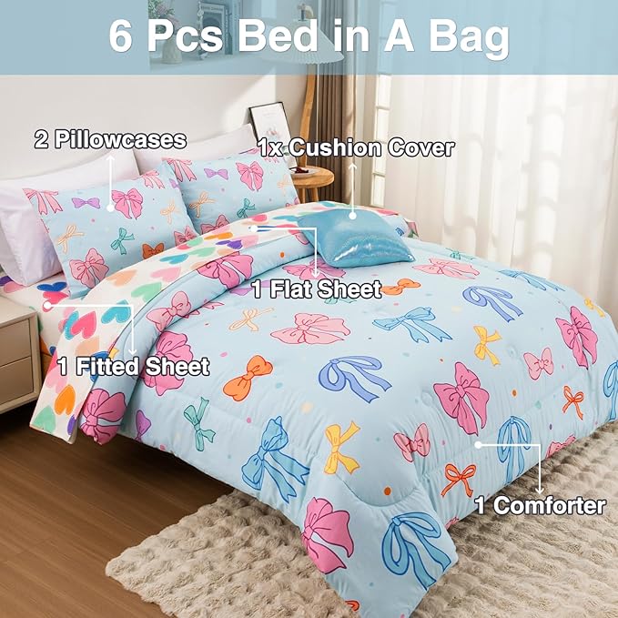 A Nice Night Lightweight Soft 6 Piece Bowknot Comforter Set Queen Size Bed in a Bag,Cartoon Bow & Polka Dot Design Bedding Set for Girls Kids