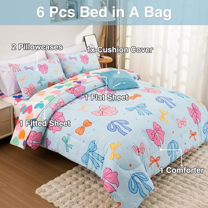 A Nice Night Lightweight Soft 6 Piece Bowknot Comforter Set Queen Size Bed in a Bag,Cartoon Bow & Polka Dot Design Bedding Set for Girls Kids
