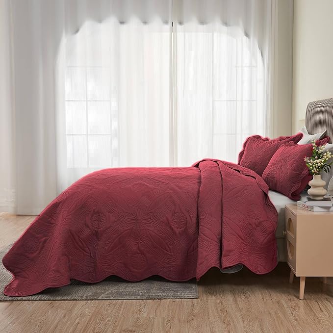 Kingnex Oversized King Bedspreads 128x120 for Extra Wide Tall King or Cal King Bed Ultrasonic Quilted Coverlet Set 3 Piece Include 1 Quilt 2 Pillowcases Burgundy
