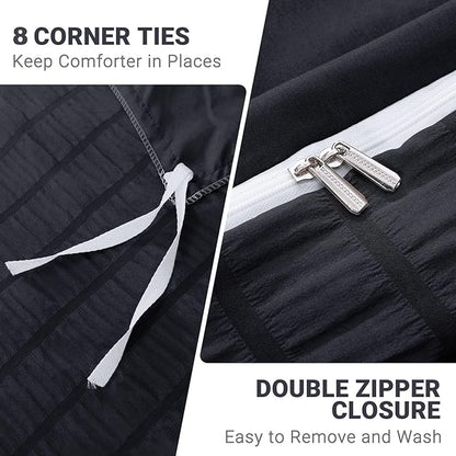 HYMOKEGE Black Twin Size Duvet Cover, Ultra Soft 2-Piece Seersucker Duvet Cover Set with Zipper Closure, Soft Brushed Microfiber Bedding Set with 8 Corner Ties (68"x90", 1 Pillowshams)