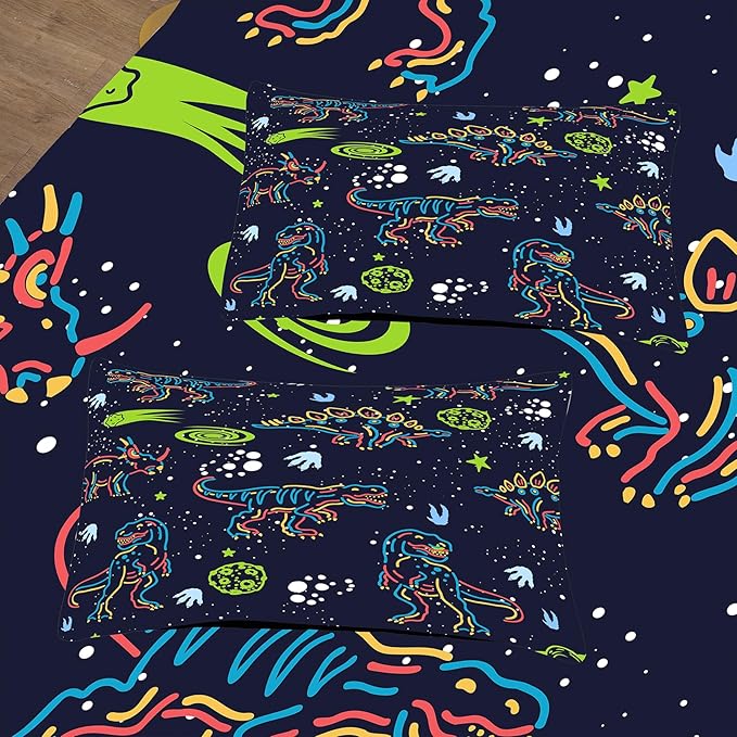 NINENINE Dinosaur Bedding Sets for Boys Kids,Dark Blue Retro Dinosaur Comforter Set,Queen Size Comforter Sets for Kids,with 1 Comforter 2 Pillowcases