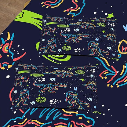 NINENINE Dinosaur Bedding Sets for Boys Kids,Dark Blue Retro Dinosaur Comforter Set,Queen Size Comforter Sets for Kids,with 1 Comforter 2 Pillowcases
