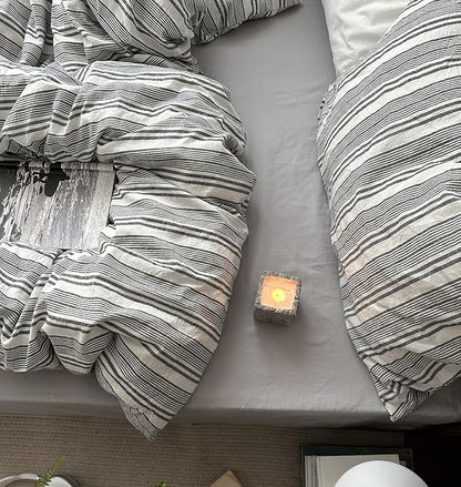 VM VOUGEMARKET Striped Duvet Cover Set Queen 100% Washed Cotton Bedding Set 3 Piece Pinstriped Comforter/Quilt Cover with Zipper Closure Corner Ties,Modern Cozy for Boys Men(White&Grey)