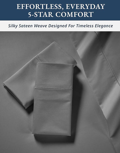 LANE LINEN 100% Egyptian Cotton King Sheets Set, Soft & Comfy Sateen Weave No Pill Mercerized Cotton Sheets King, Fully Elasticized Reinforced French Seam Fitted King Bed Sheets – Charcoal Gray