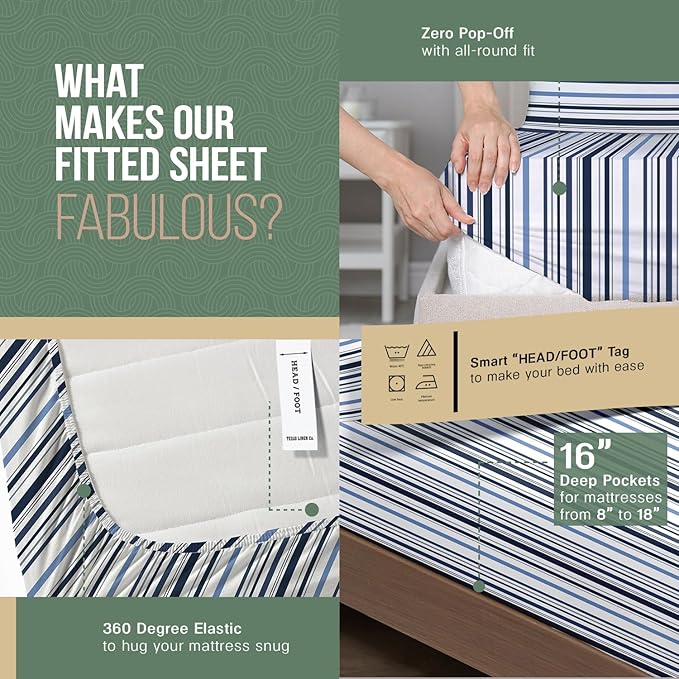 TEXAS LINEN CO. 100% Organic Cotton Printed Sheets Twin XL Size - 3 PC Organic Cotton Percale Sheets Twin XL (Variegated Stripe), Cooling Sheet for Dorm Room, 16" Deep Pocket - GOTS Certified
