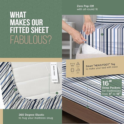 TEXAS LINEN CO. 100% Organic Cotton Printed Sheets Twin XL Size - 3 PC Organic Cotton Percale Sheets Twin XL (Variegated Stripe), Cooling Sheet for Dorm Room, 16" Deep Pocket - GOTS Certified