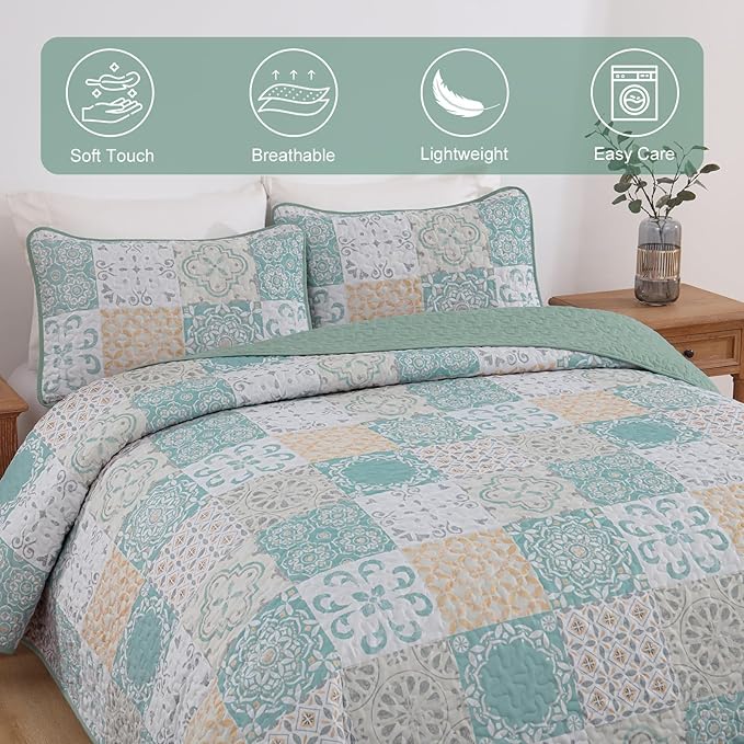 Dobuyly Patchwork Quilt Set Queen Size 3 Pieces Sage Green Yellow Boho Plaid Bedspreads, Summer Plaid Floral Coverlet Set, Soft Lightweight Microfiber Quilted Bedding Set for All Seasons 96"x90"