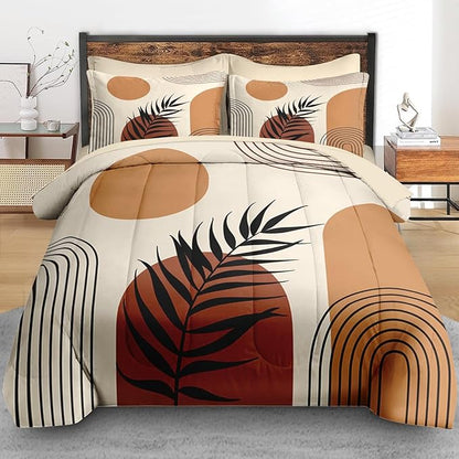 Comforter Set Full Size, Boho Mid Century 7 Pcs Bedding for Kids and Adults, Sun Orange Leaves Bed Sheet Sets with Fitted Sheet 2 Pillowcase & 2 Sham for Bedroom Bed Decor
