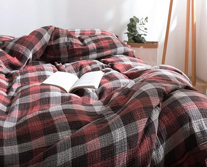 VM VOUGEMARKET Red Gingham Duvet Cover King Muslin Cotton Plaid Bedding Set Soft Breathable Linen Like Gauze Comforter Cover with Zipper Closure for Adults-3 Pieces,104"x90"