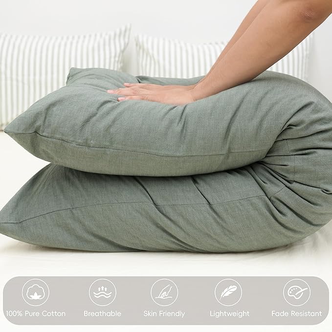 MooMee Body Pillow Cover Pillowcase with Zipper 100% Washed Cotton Linen Like Textured Breathable Durable Soft Comfy (Heathered Green, 21”x54”, 1PC)