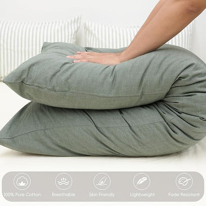 MooMee Body Pillow Cover Pillowcase with Zipper 100% Washed Cotton Linen Like Textured Breathable Durable Soft Comfy (Heathered Green, 21”x54”, 1PC)