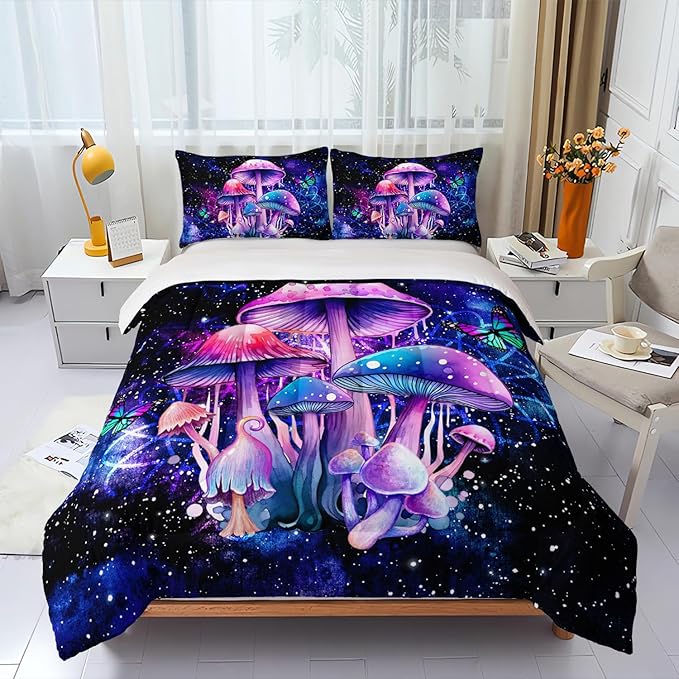 Fantasy Mushrooms Comforter Set Queen,Galaxy Fantasy 3 Pieces Bedding Set for Teens Kids,Violet Down Alternative Bed Comforters Bedding Sets for All Season