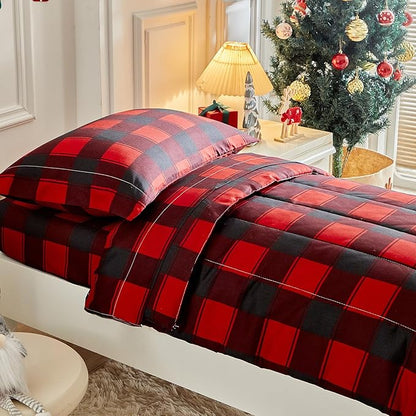 Christmas Toddler Bedding Set for Boys Girls Red Black Plaid Gingham Holiday 4PC Toddler Bed Set - Cute Toddler White Bed in a Bag for New Year