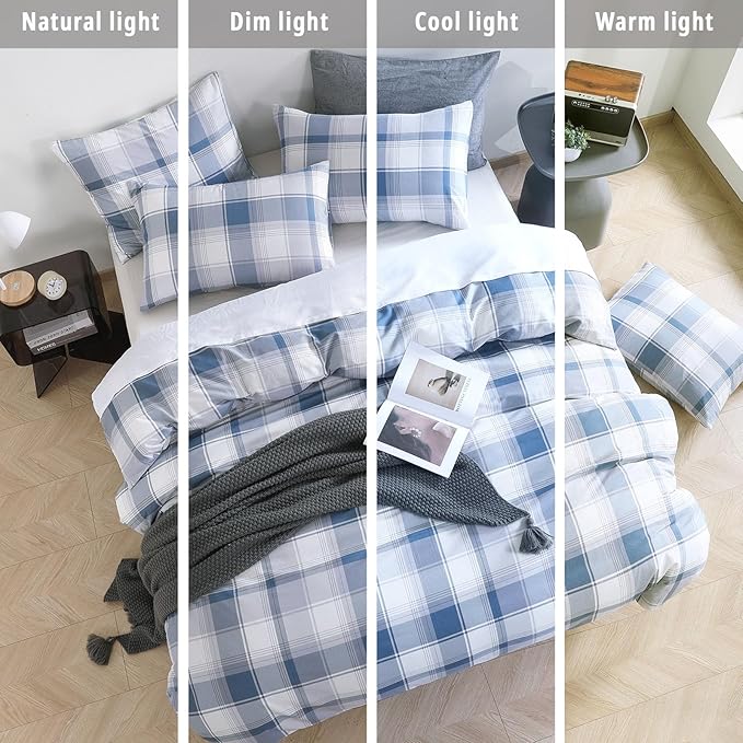 Vintage Cotton Comforter Twin Size 2Pcs - Classic Tartan Plaid Pattern with Denim Blue, Soft Gray and White, Lightweight Bedding Sets with Soft Fill(1 Comfoter, 1 Pillowcase)