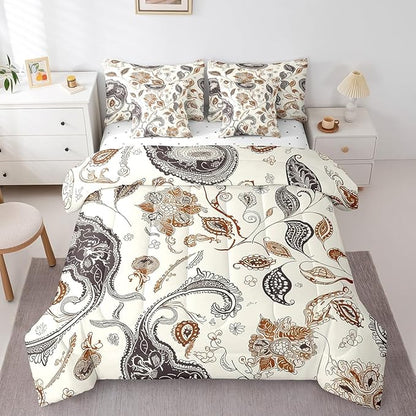 Paisley Flowers Comforter Set 7 Pieces,Western Floral Boho Bed Set,Rustic Botanical Plants Bedding Bed in a Bag,King (1 Comforter,2 Pillowcase,2 Pillow Covers,1 Flat Sheet,1 Fitted Sheet)