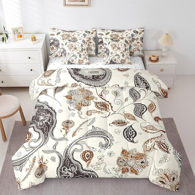 Paisley Flowers Comforter Set 7 Pieces,Western Floral Boho Bed Set,Rustic Botanical Plants Bedding Bed in a Bag,Twin (1 Comforter,2 Pillowcase,2 Pillow Covers,1 Flat Sheet,1 Fitted Sheet)