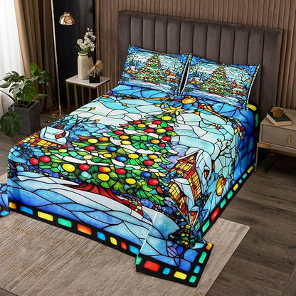 Christmas Trees Bedspread Twin Size,Merry Christmas Happy New Year Snowflake Coverlet Set,Boys Girls Room Decor,Rustic Farmhouse Cabin Pine Quilted Coverlet,Blue Xmas Bedding Quilt,1 Pillowcase