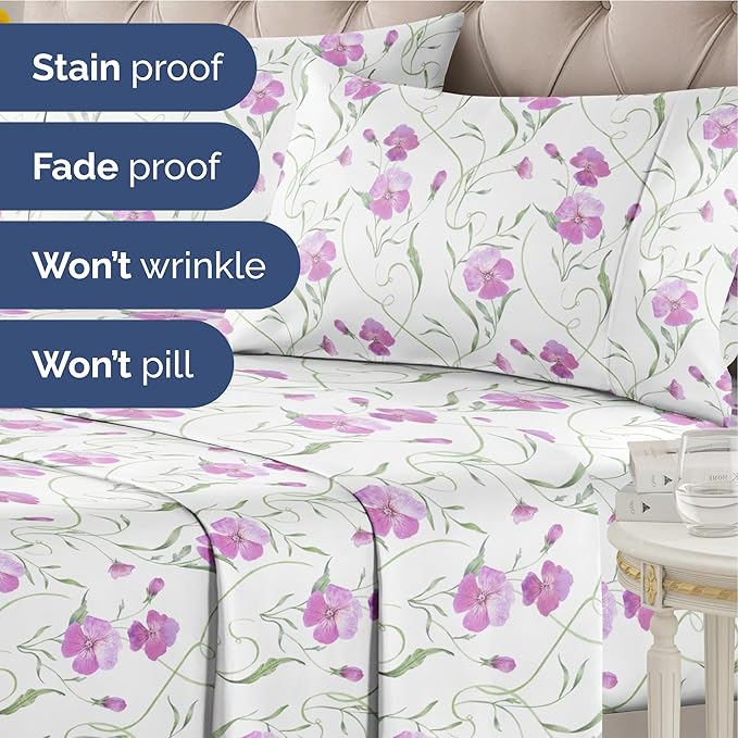 Floral Sheets - Pink Floral Bed Sheet Set - 1 Flat, 1 Fitted & 1 Pillowcase w/ Deep Pockets - Comfy, Wrinkle & Fade Free - Boho Botanical Bedding - Ultra-Soft, Breathable & Cooling - Twin XL Size Set