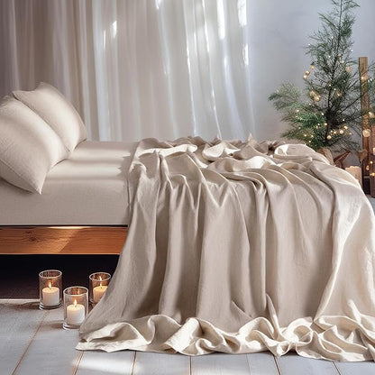 LBRO2M 100% Pure Linen Sheet Set Deep Pocket Up to 16" Bed Sheets Sets, Natural Flax Beddings Soft, Breathable, Comfortable for All Seasons 4 Pcs Sheet Set California King Size, Linen Color