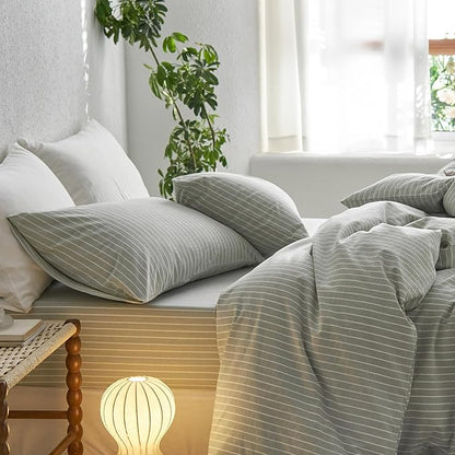 MooMee Bedding Pillowcases Striped Pack of 2 100% Washed Cotton Linen Like Textured Breathable Durable Soft Comfy (Sage Green White Wide Stripes, Queen)