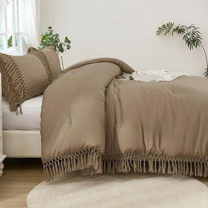 Andency Taupe Comforter Set California King, 3 Pieces Boho Tassel Lightweight Soft Bedding Comforter Sets for King Bed, All Season Fluffy Fringe Bed Set (104x96In Comforter & 2 Pillowcases)