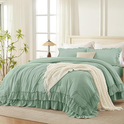 Andency Sage Green King Comforter Set, 3 Pieces Farmhouse Shabby Chic Ruffle Solid Comforter Sets, Lightweight Fluffy Soft Polyester All Season Bed Set(104x90Inch)