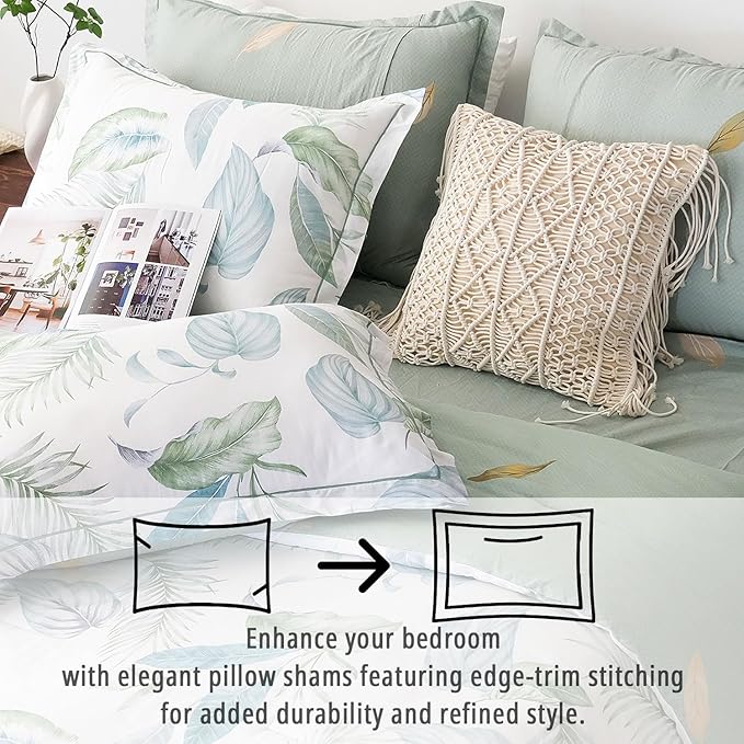 Botanical Cotton Comforter Queen Size - Sage Green Comforter Printed with Leaves & Ferns on White,Reversible Lightweight Bedding Sets 3Pcs(Leaves,90"×90")